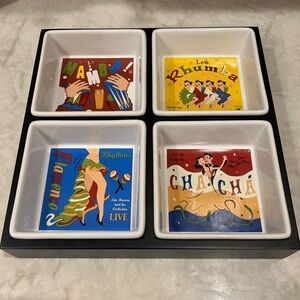 Pottery Barn “The Dance” Wood Tray With 4 Ceramic Dishes-Serving Set- EUC